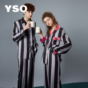 yso酷猫系列春季情侣睡衣套装女衬衫翻领条纹男家居服可外穿A