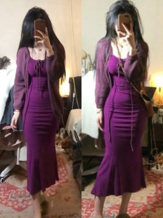 yuu同款紫色针织开衫，毛衣外套女修身显瘦吊带裙，时尚气质连衣裙潮