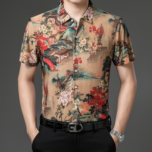 短袖花衬衫男士韩版个性，花卉古惑仔衬衣半截，袖非主流开衫寸衫上衣