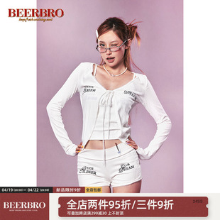 BeerBro 2024辣妹收腰针织开衫蕾丝花边吊带显瘦针织短裤套装