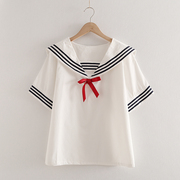 夏装日系海军领系带水手短袖T恤学生少女可爱蝴蝶结刺绣棉上衣
