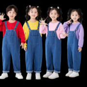 儿童演出服牛仔背带裤糖果，色卫衣幼儿园运动会男女童啦啦队表演服