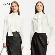 Amii法式雪纺衫女2024春设计感小衫立领暗门襟玫瑰扣飘带上衣