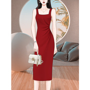 高级感质感红色包臀吊带，连衣裙夏季2024女装，气质法式礼服长裙