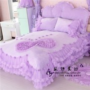 珊瑚绒四件套韩式蕾丝紫色花边公主床品1.8m短毛绒四件套床裙被套