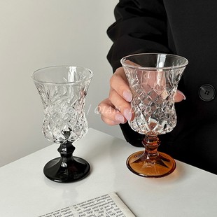 ins风法式复古高端精致杯高脚刻花杯高颜值小酒杯浮雕甜酒玻璃杯
