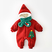 冬季婴儿宝宝雪花刺绣加厚连体衣新生儿圣诞树保暖爬服送围巾