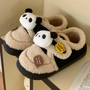 细细条羊羔毛创意(毛创意，)魔术贴亲子棉鞋，网红可爱熊猫冬季外穿豆豆鞋女