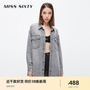 38同价Miss Sixty牛仔衬衫外套女中长款复古浅灰宽松美式