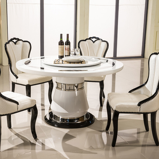 欧式大理石圆形餐桌椅组合黑白色，简约现代轻奢带转盘，饭桌别墅圆桌