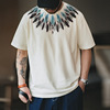 马登工装复古美式重磅印第安羽毛印花短袖，做旧宽松民族风t恤男夏