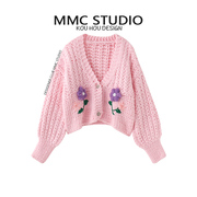 MMC 重工刺绣钩花减龄加厚开衫女甜美风粉色短款棒针毛衣外套宽松