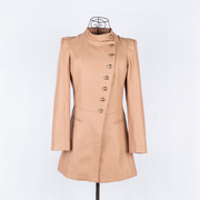 秋季非对称布同立领粉红色驼色长袖修身型中长单排扣羊毛大衣外套