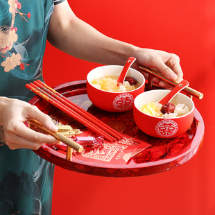 中式圆形托盘红色敬茶杯套装，结婚喜盘喜碗对筷喜庆敬酒盘家用木盘