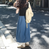 艺野系复古蓝色半身裙女日式工装，裙小个子气球裙，高腰a字花苞裙