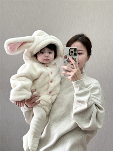 女童棉服套装冬季加厚宝宝可爱兔子连帽毛毛外套+兔尾巴短裤2件套