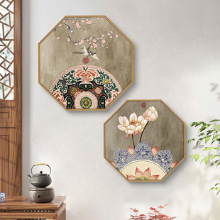 新中式花鸟挂画八边形复古餐厅装饰画沙发背景墙挂画禅意简约壁画