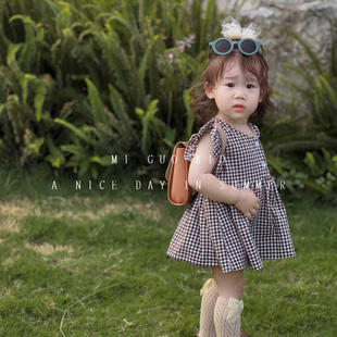 巴梵欧婴儿衣服女宝宝夏装，两件套装分体格子，韩版纯棉薄款时髦