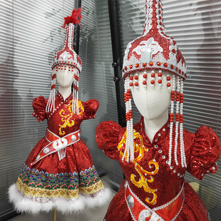 原创快乐阳光女童蒙古族演出服少儿，独唱歌曲舞台服装民族礼服高端