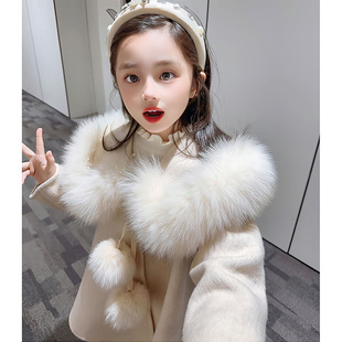 韩国高端女童双面呢羊绒大衣，2023洋气毛领奶白色羊毛呢子外套