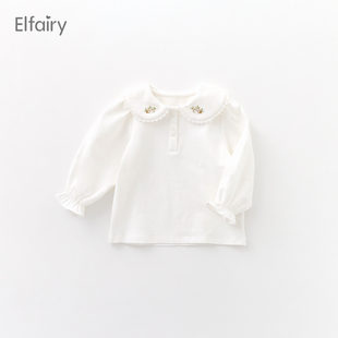 elfairy女童打底衫宝宝t恤春装婴儿，翻领上衣儿童白色衬衣春秋款棉