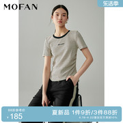 mofan摩凡撞色圆领，细条纹t恤女2024夏百搭刺绣，设计感修身上衣