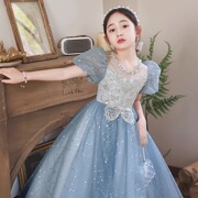 童装儿童蓝色公主蓬蓬，连衣裙夏季泡泡，袖甜美花童钢琴女童礼服