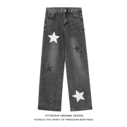 httaosup潮牌美式高街星星贴布牛仔裤，男女宽松直筒，设计感洗水长裤