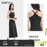 三福吊带连衣裙2024夏季法式气质，修身显瘦黑色背心长裙子女装