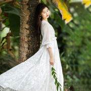 棉麻记白色连衣裙设计感女夏2022年宽松v领长裙气质拼接裙子