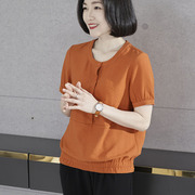 圆领橘色衬衫 2023女夏款宽松遮肉冰丝短袖T恤大码设计感上衣