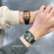 日本限定松石绿落日，橙卡西欧小方表双显复古钢带情侣手表