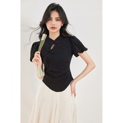 新中式国风黑色短袖t恤女夏装2024年设计感褶皱收腰显瘦上衣