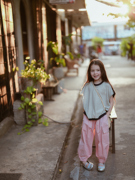史豌豆(史豌豆)女童条纹，拼接衬衫无袖t恤2024儿童休闲百搭夏季上衣