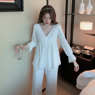 长袖白色睡衣女春秋法式性感，优雅v领蕾丝纯棉开衫家居服两件套装