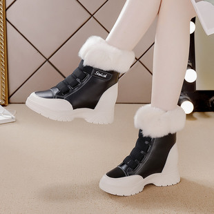 真兔毛中筒雪地，靴女冬季保暖棉靴内增高厚底女靴子