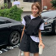 韩国2023夏季女士纯棉t恤连帽马甲短裤，三件套装黑色洋气运动