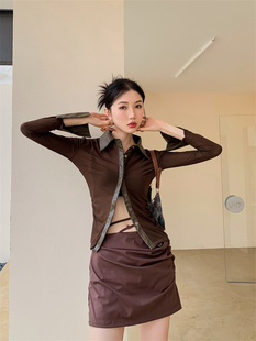 韩系上衣温柔高级感棕色褶皱拼皮微透衬衫女春夏包臀弹力裙裤套装
