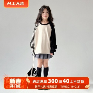 韩系童装定制24春夏季儿童不对称拼接条纹长袖上衣灰色百褶裙