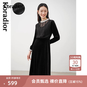 珂莱蒂尔outlets秋冬新款黑色长袖时尚气质连衣裙女裙子蕾丝拼接