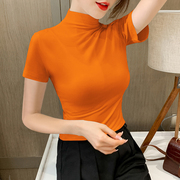 半高领橙色t恤女短袖2022夏季修身中领打底衫内搭纯棉半袖潮