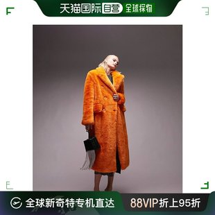 香港直邮潮奢 Topshop 女士 宽松款长款人造皮草亮橙色大衣