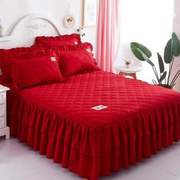 新红色结婚庆床裙式单件加厚夹棉韩式风床套防滑床单床罩枕套三品