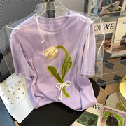 特大码300斤紫色短袖t恤男女夏季ins设计感小众，立体花朵纯棉上衣2