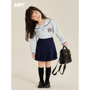 amybaby女童衬衫2024儿童，海军领学院，风简约上衣半身裙套装