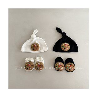 0一6月婴儿帽子秋冬款，袜子组合两件套ins新生儿胎帽婴幼儿打结帽