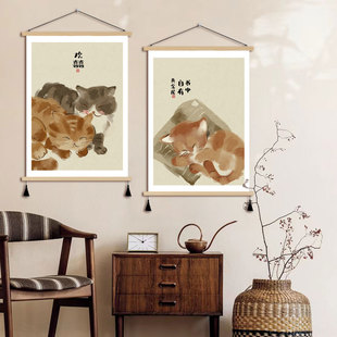 原创猫咪中式风餐厅装饰画日式饭馆餐桌墙画挂画客厅卧室简约壁画