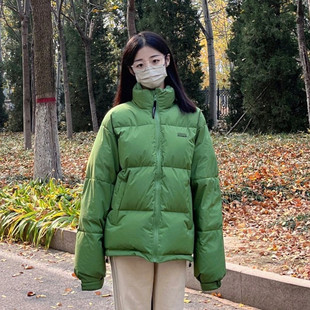 绿色短款立领羽绒棉衣棉服，女冬加厚2024年韩版宽松情侣面包服