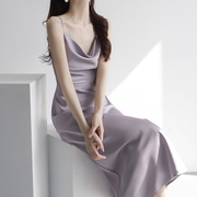 香芋紫吊带连衣裙女2023夏季高级感醋酸缎面裙子气质打底包臀长裙