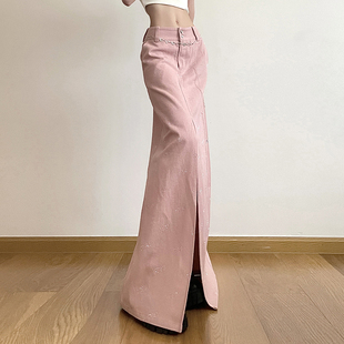 gagaopt设计感两粒扣开叉半身裙，高腰显瘦直筒裙春季减龄粉色长裙
